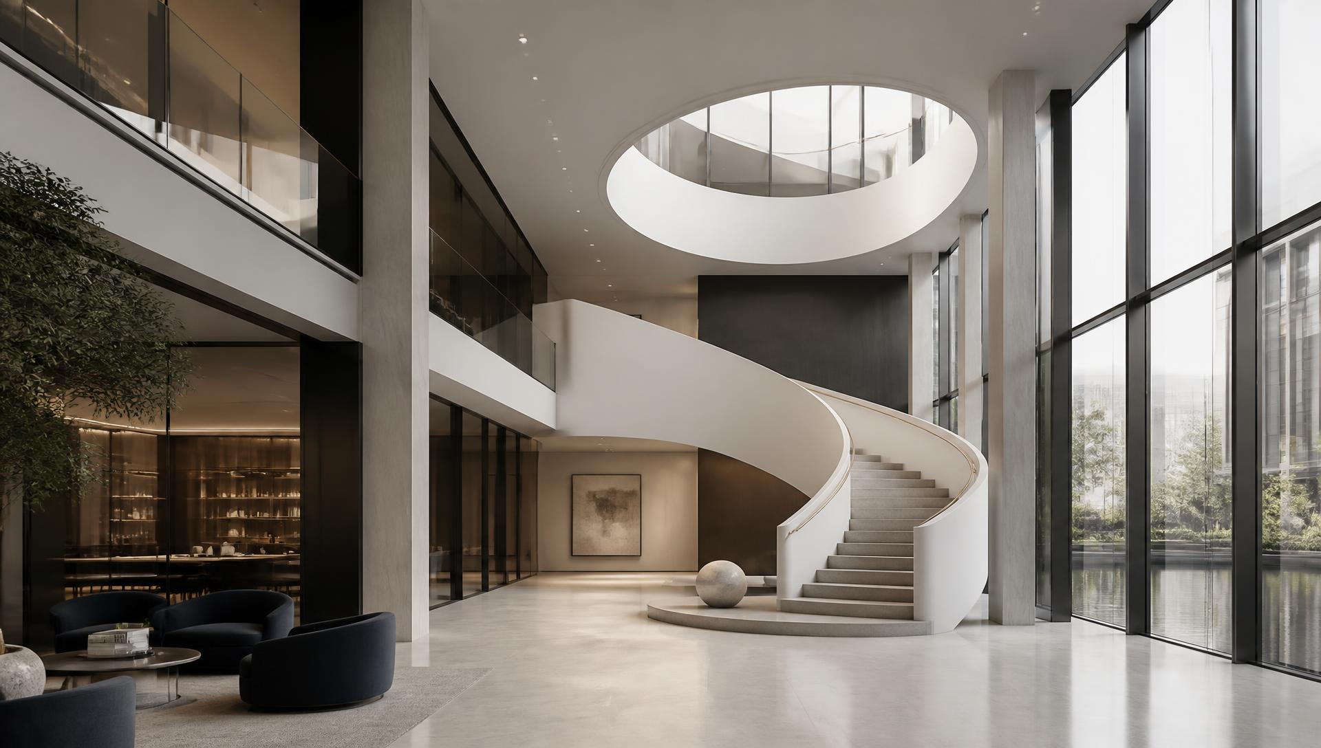 Executive office atrium with sculptural staircase and floor-to-ceiling glass