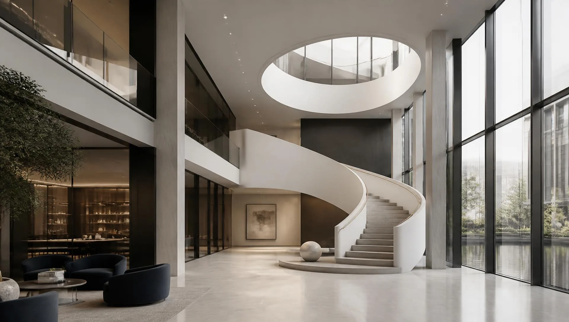 Commercial cleaning services NYC — office atrium with clean glass and floors