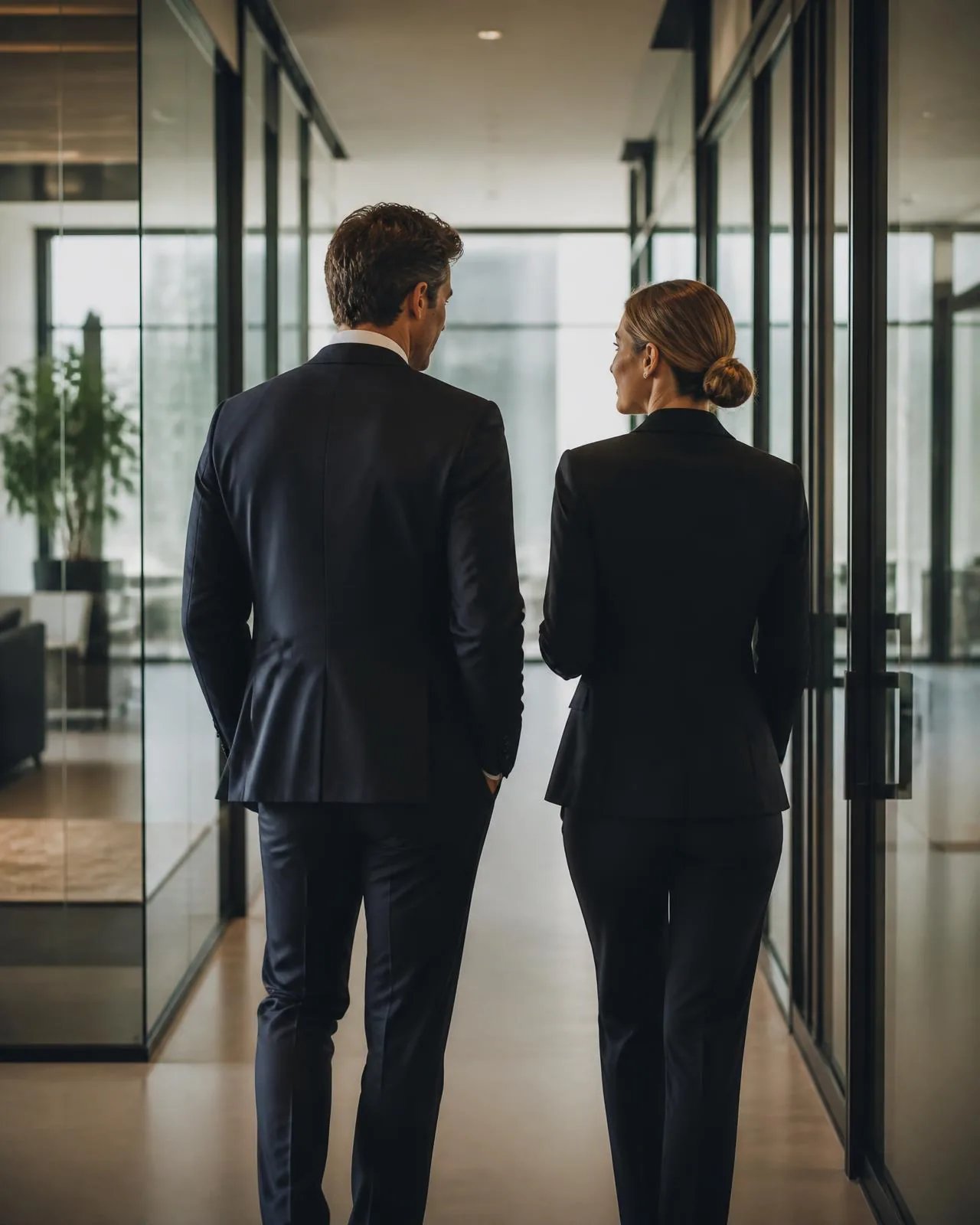 Professional office cleaning NYC — attorneys walking through a freshly cleaned law firm corridor