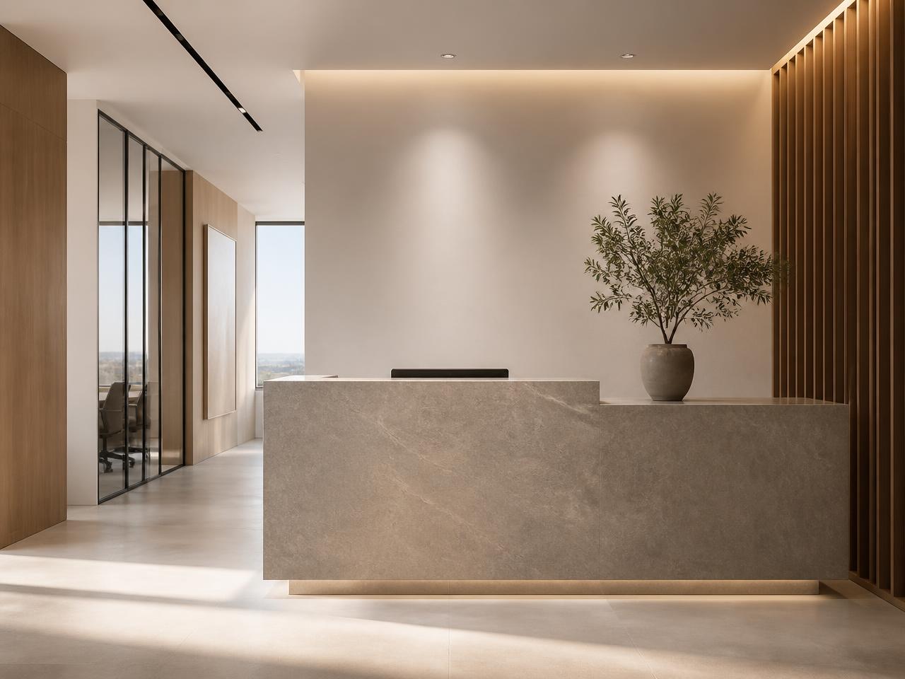 Minimal stone reception desk in a professional office
